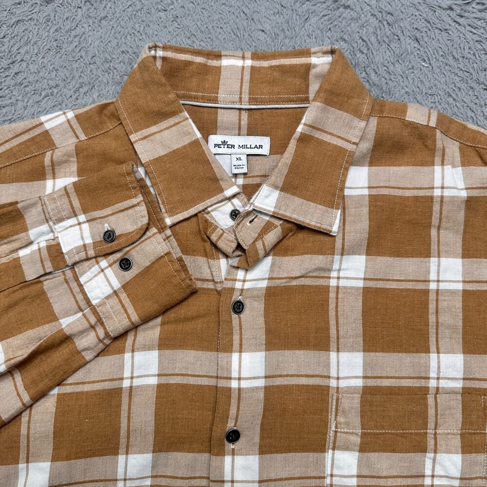 Peter Millar Shirt Mens XL Brown Flannel Plaid Long Sleeve Button